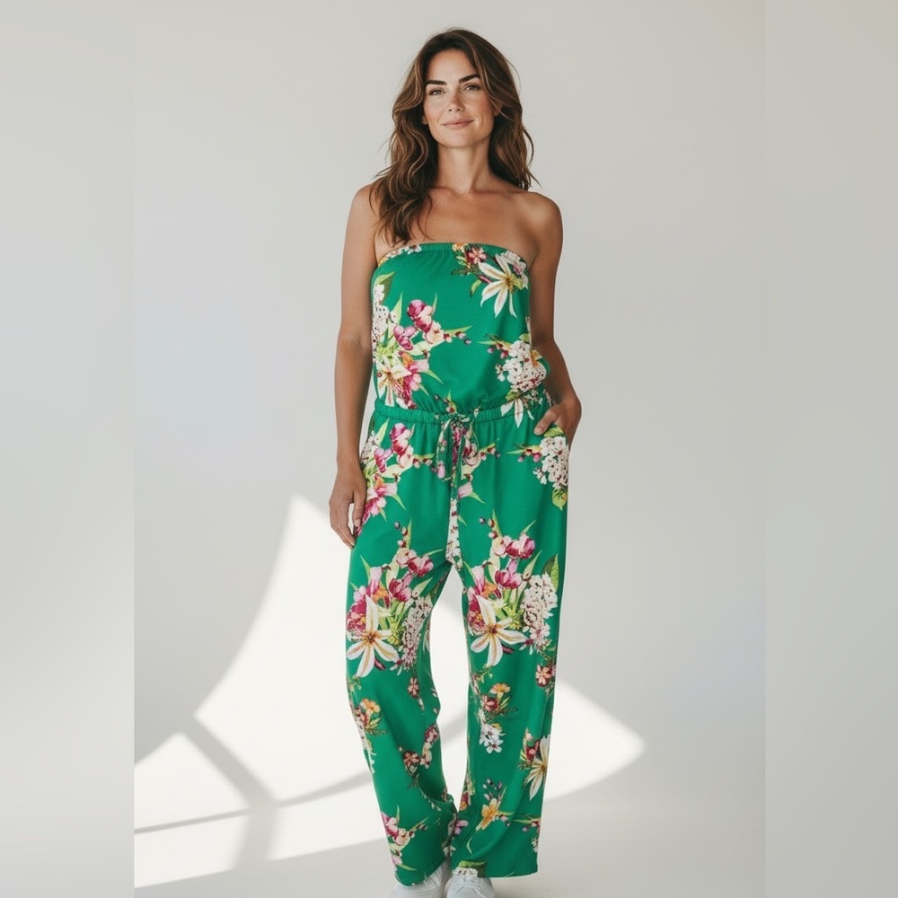 Express Strapless Floral Jumpsuit | Tie Waist Belted | Green | XS - Picture 3 of 8